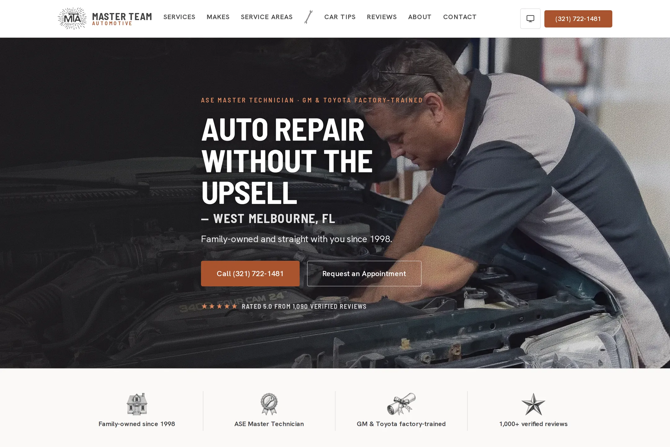 The Master Team Automotive home page: a technician under a hood beside the words Auto repair without the upsell, West Melbourne, FL, a call button, 1,090 verified reviews, and a row of four trust marks